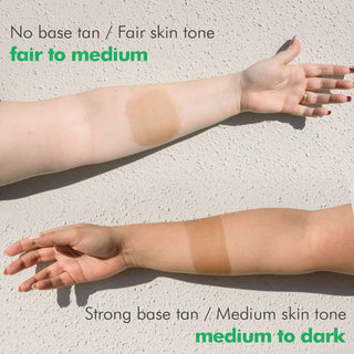 No base tan/Fair skin tone should go for Fair to Medium tan variant. Strong base tan/Medium skin tone should go for medium to dark variant. 